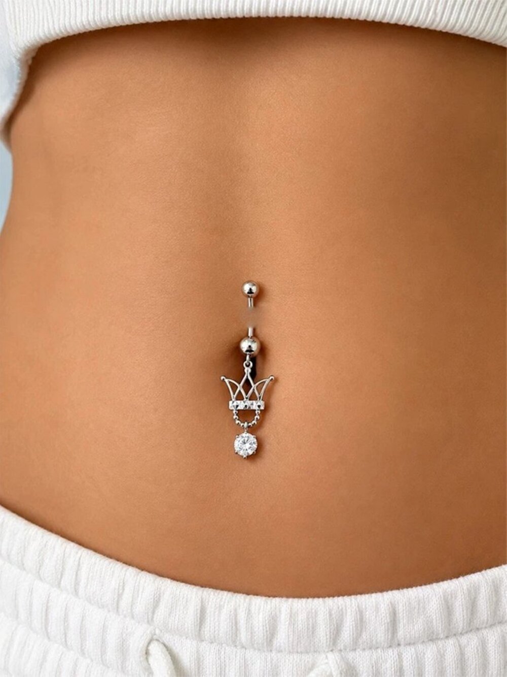 Created White Sapphire 1.12 Cts Navel Crawn Belly Ring 14k Solid White Gold - Picture 5 of 5